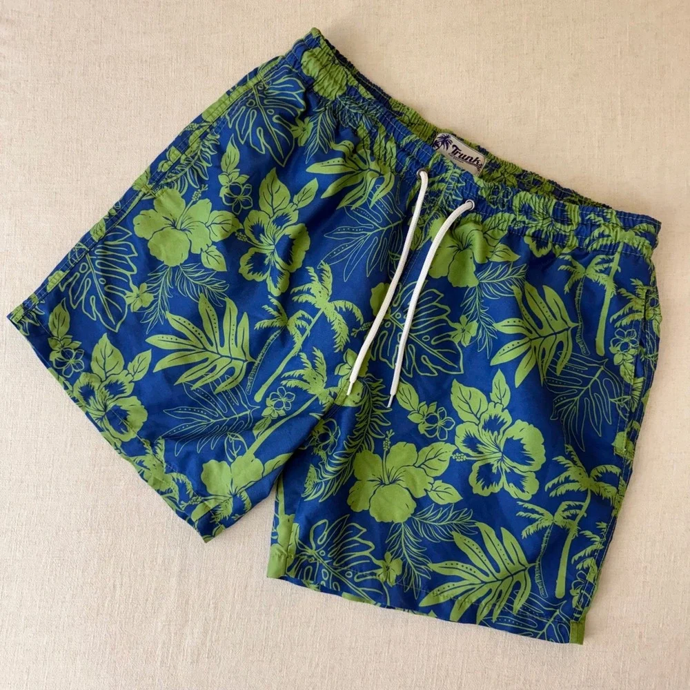 Trunks Surf & Swim Co Mens Large Blue Green Floral Tropical Hibiscus Swim Trunks